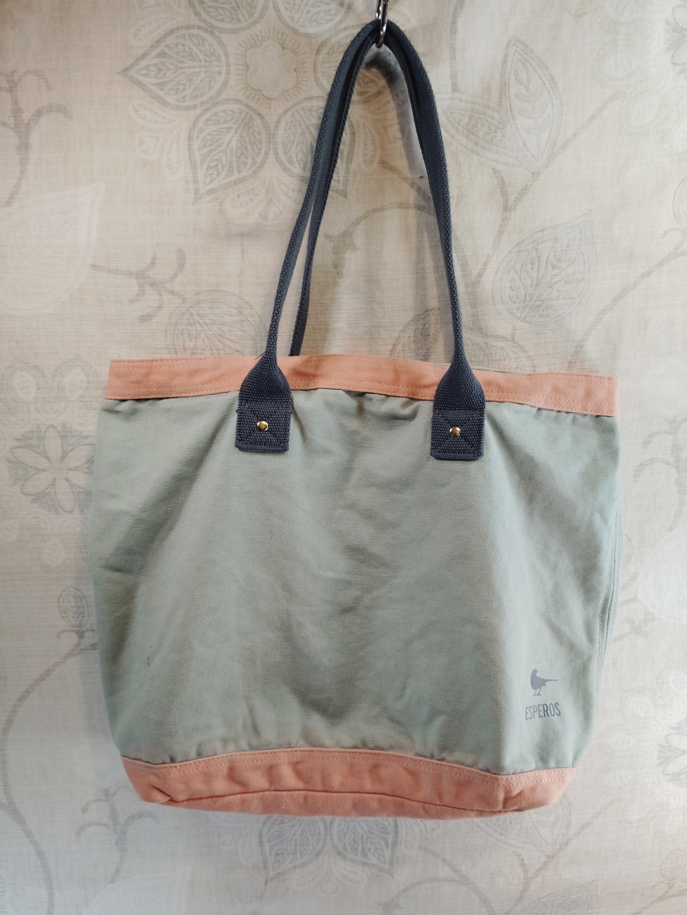 Esperos Carry Hope Sage Green Canvas Shoulder Tote with Pink Trim